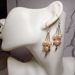 925 Silver Pink Pearl and Star Charm Dangle Earrings